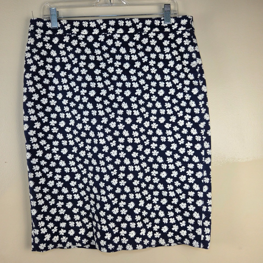 J.Crew No. 2 Pencil Skirt Navy Blue White Floral Daisy Stretch Size 12 Career